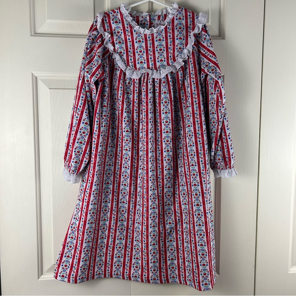 Lanz Floral Hearts Stripes Nightgown Size XS 4/5 Red White Blue Eyelet Lace